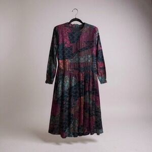 ERMANNA Velvet Patchwork Midi Dress Long Sleeve Zipper Closure Size 44‎
